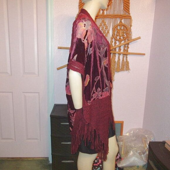 Vtg Y2K Burnout Velvet Kimono Longline Crochet Fringe Stevie Witchy Whimsigoth - Picture 4 of 11